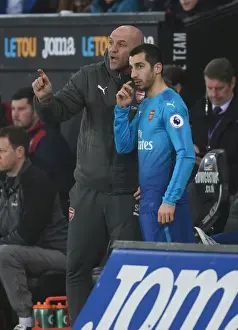 Swansea City V Arsenal 2017-18 Prints: Steve Bould Coaches Henrikh Mkhitaryan on the Sidelines: Swansea City vs Arsenal