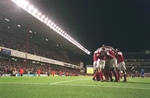 The Arsenal players celebrate Robert Pires 2nd goal in front of the East Stand