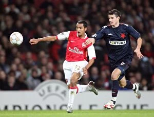 Arsenal v Slavia Prague 2007-08 Collection: Theo Walcott (Arsenal) Daniel Pudil (Slavia)