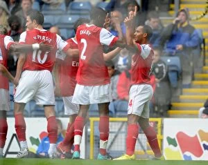 Images Dated 28th August 2010: Theo Walcott celebrates scoring the 1st Arsenal goal with Abou Diaby, Cesc Fabregas