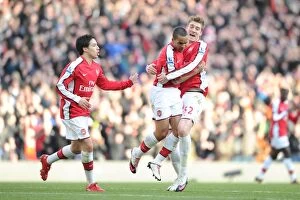 Arsenal v Burnley 2009-10 Gallery: Theo Walcott celebrates scoring the 2nd Arsenal goal with Samir Nasri and Nicklas Bendtner