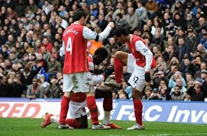 Images Dated 24th February 2008: Theo Walcott celebrates scoring the 2nd Arsenal goal with Cesc Fabregas