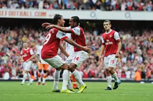 Arsenal V Blackpool 2010-11 Prints: Theo Walcott celebrates scoring the 3rd Arsenal goal with Marouane Chamakh