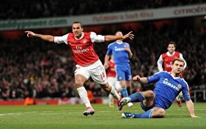 Arsenal v Chelsea 2010-11 Gallery: Theo Walcott celebrates scoring Arsenals 3rd goal as Branislav Ivanovic