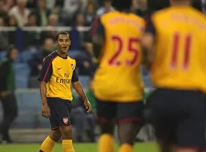 Images Dated 13th August 2008: Theo Walcott celebrates after setting up the 2nd Arsenal goal