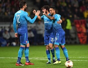 Images Dated 28th September 2017: Theo Walcott, Mohamed Elneny, and Olivier Giroud Celebrate Arsenal's Goals Against FC BATE Borisov