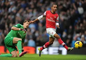 Manchester City V Arsenal 2013-14 Prints: Theo Walcott Outmaneuvers Costel Pantilimon: Manchester City vs