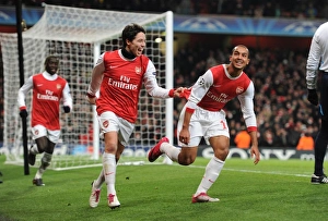 Arsenal V Partizan Belgrade 2010-11 Prints: Theo Walcott and Samir Nasri: Arsenal's Dynamic Duo Celebrates Goal in Arsenal 3-1 Victory over Partizan Belgrade