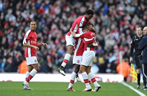 Theo Walcott's Double: Arsenal Celebrates with Eboue, Diaby, and Clichy (3-1 vs Burnley, 2010)