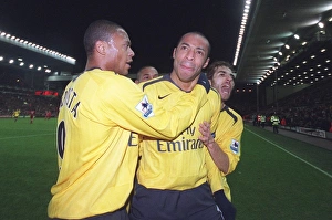 Liverpool v Arsenal FA Cup 2006-7 Collection: Thierry Henry celebrates scoring the 3rd Arsenal goal with Julio Baptista
