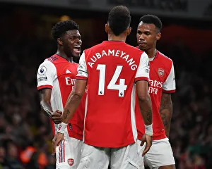 Thomas Partey's First Arsenal Goal: Triumphant Celebration with Gabriel Magalhaes and Pierre-Emerick Aubameyang (2021-22)
