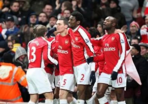 Arsenal v Bolton 2009-10 Collection: Thomas Vermaelen celebrates scoring Arsenals 3rd goal with Abou Diaby