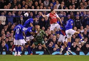 Everton v Arsenal 2011-12 Collection: Thomas Vermaelen's Soaring Header: A Crucial Goal for Arsenal Against Everton (2011-12)
