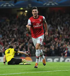 Arsenal V Borussia Dortmund 2013-14 Prints: Thrilling Goal: Olivier Giroud's Stunner for Arsenal vs Borussia Dortmund in the UEFA Champions League (2013)