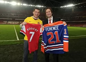 Images Dated 28th April 2014: Tomas Rosicky (Arsenal) with NHL Player Andrew Ference after the match. Arsenal 2