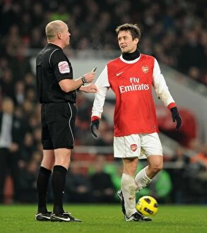 Arsenal v Everton 2010-11 Gallery: Tomas Rosicky (Arsenal) with the referee. Arsenal 2: 1 Everton. Barclays Premier League
