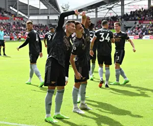 Triumphant Moment: Fabio Vieira and Gabriel Martinelli Celebrate Their Goals for Arsenal at Brentford (2022-23)