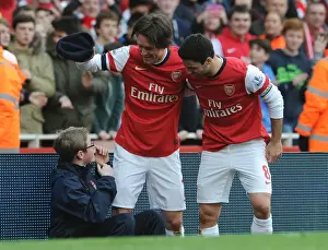 Triumphant Moment: Rosicky and Arteta Celebrate Arsenal's Third Goal vs. Sunderland (2014)