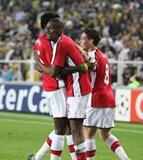 Fenerbahce v Arsenal 2008-09 Collection: Triumphant Threesome: Diaby, Adebayor, Nasri Celebrate Arsenal's 3rd Goal in 2