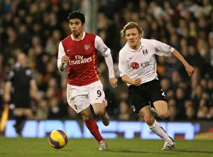 Fulham V Arsenal 2007-8 Prints: Triumphant Trios: Eduardo's Brilliant Brace Against Fulham's Jimmy Bullard in Arsenal's 3-0 Victory