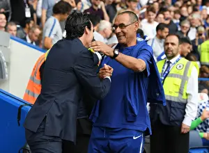 Chelsea V Arsenal 2018-19 Prints: Unai Emery and Maurizio Sarri Embrace Before Chelsea vs Arsenal Premier League Clash (2018-19)