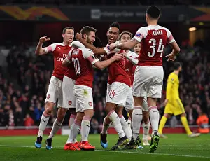 Arsenal V BATE Borisov 2018-19 Prints: United in Victory: Mustafi and Aubameyang's Europa League Goal Celebration (Arsenal FC)