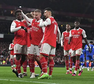 Unstoppable Arsenal Trio: Martinelli, Nketiah, and Zinchenko Celebrate Goals Against Everton in the 2022-23 Premier League
