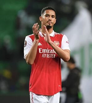 Sporting Lisbon v Arsenal 2022-23 Collection: William Saliba's Emotional Reaction: Arsenal's Europa League Battle with Sporting CP in Lisbon