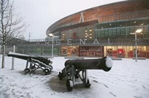 Emirates Stadium Collection: Winter's Embrace at Emirates: A Magical Snow-Covered Arsenal Football Ground