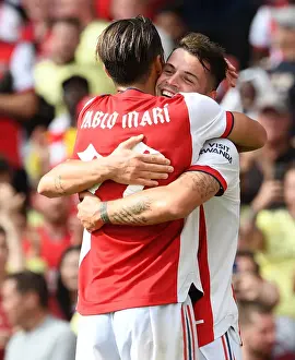 Arsenal V Chelsea - Pre Season Friendly 2021-22 Prints: Xhaka and Mari in Jubilant Moment as They Celebrate Arsenal's Goal Against Chelsea