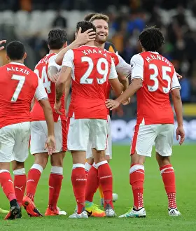 Hull City V Arsenal 2016-17 Prints: Xhaka and Mustafi: Celebrating Arsenal's Fourth Goal Against Hull City (2016-17)