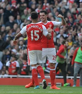 Images Dated 7th May 2017: Xhaka and Oxlade-Chamberlain Celebrate Arsenal's First Goal vs Manchester United (2016-17)