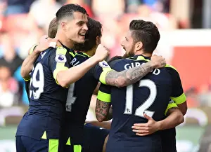 Stoke City V Arsenal 2016-17 Prints: Xhaka, Ozil, and Giroud: Celebrating Arsenal's Goals Against Stoke City (2016-17)