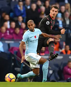Manchester City V Arsenal 2017-18 Prints: Xhaka vs Fernandinho: Clash of Midfield Titans - Manchester City vs Arsenal