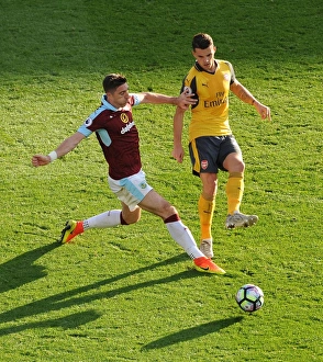 Burnley V Arsenal 2016-17 Prints: Xhaka vs Ward: A Football Battle at Turf Moor
